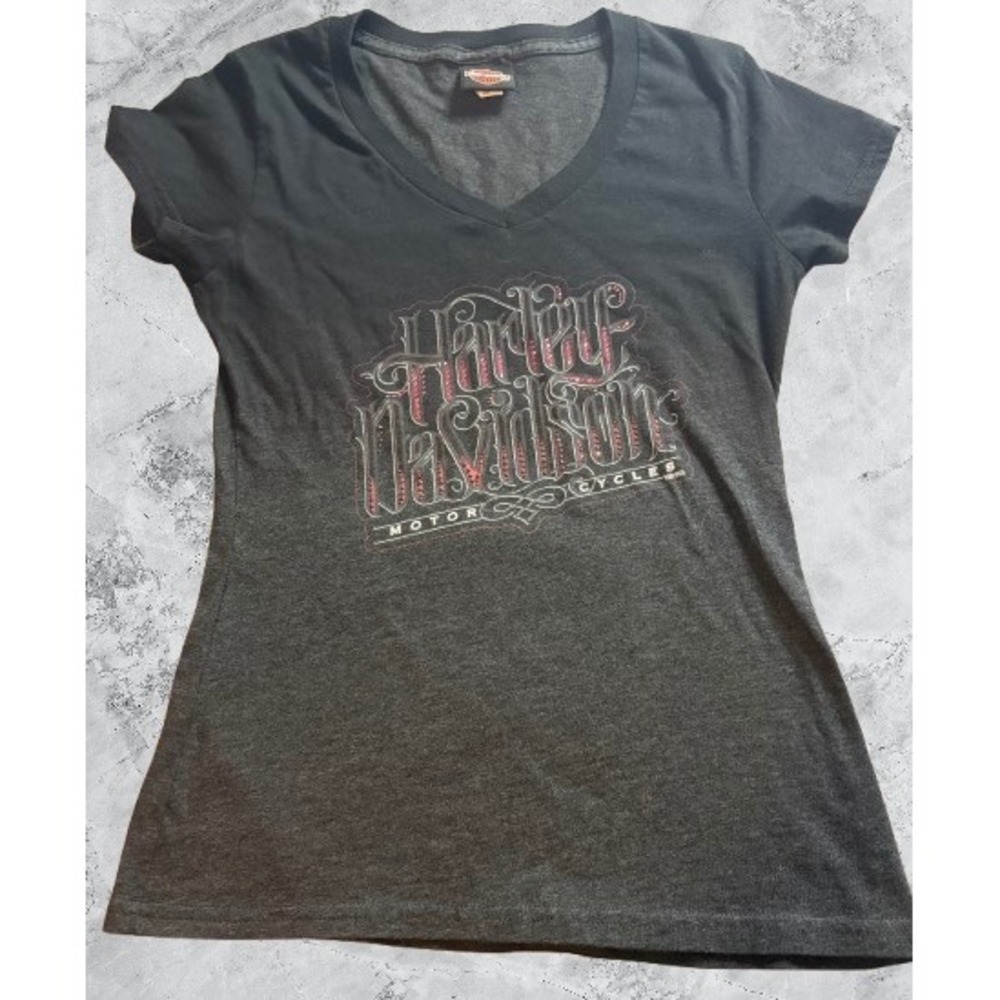 Harley-Davidson Womens V-Neck Rhinestone Graphic Tee Stillwater OK Gray Small
